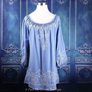 Sunny Taylor M Blouse Blue Floral Embroidery NWT